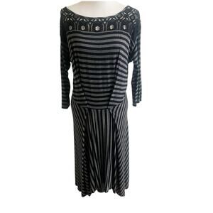 Tiny By Anthropologie Striped Midi Dress Crochet Neckline Black Grey Size Medium